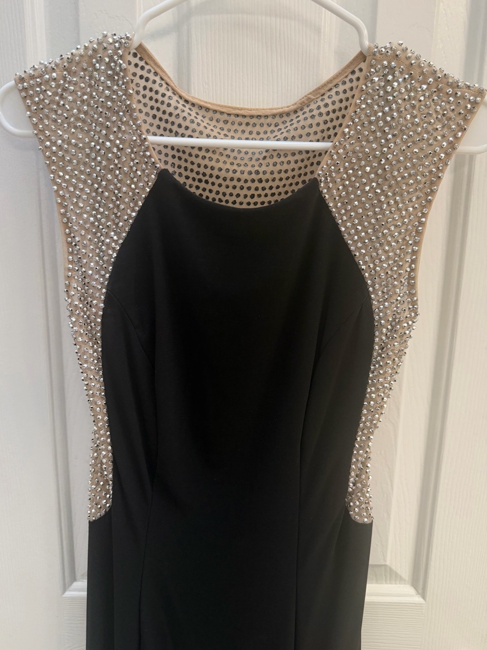 Cache Black Dress with Nude Crystal-Studded Mesh Shoulders